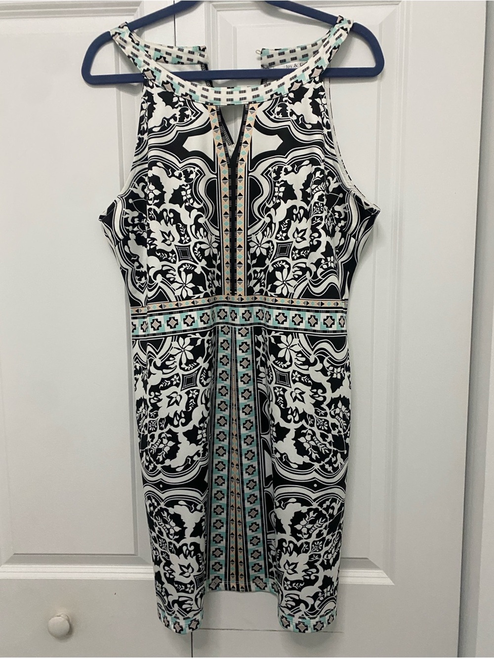 Sleeveless Black & White Printed Asymmetrical Dress with Mint Accents